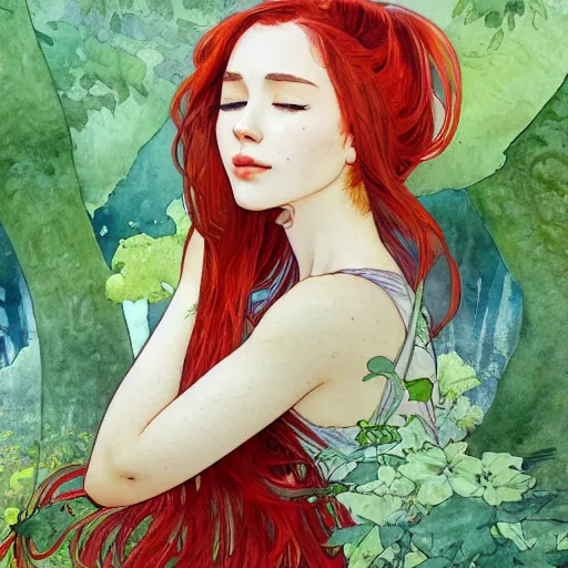 Image similar to side view a beautiful and inspiring intricate watercolor illustration artwork red hair girl in the forest, feeling the nature, eyes closed, 4 k, ultra - wide angle, by william turner, by victo ngai, by alphonse mucha, by miho hirano, hd, trending on artstation, hyper detailed, muted colors, inspiring, beautiful, energetic