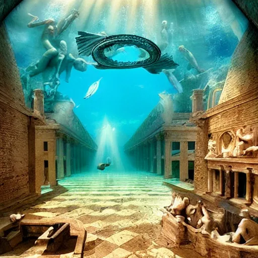 Prompt: Roman empire underwater, Atlantis, spectacular quality, surrealism photography masterpiece, perfect composition