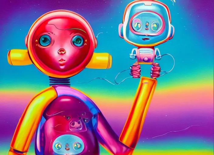 Image similar to a cute robot girl holds the world in her hand, an ultrafine detailed painting by lisa frank, trending on deviantart, pop surrealism, whimsical, lowbrow, colorful