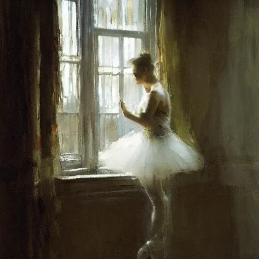 Image similar to the lone ballerina in the soft window light, by jeremy mann, anders zorn.