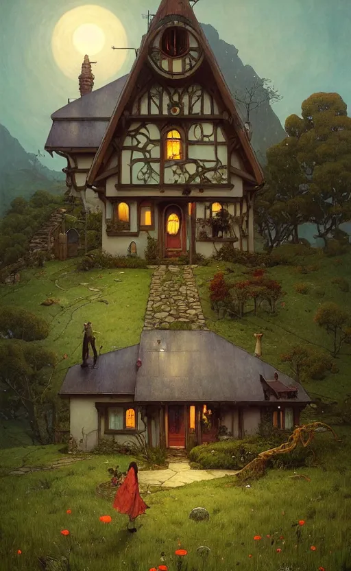 Image similar to a hyper realistic witchy cottage with solar panels on a tall hill, mountains, atmospheric lighting, lush foliage, painting by chiara bautista and tom bagshaw, mucha, beksinski and norman rockwell and greg rutkowski weta studio, and lucasfilm