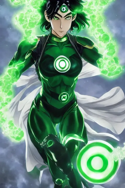 Image similar to anime key visual of a beautiful young female green lantern!! intricate, green and black suit, glowing, powers, dc comics, cinematic, stunning, highly detailed, digital painting, artstation, smooth, hard focus, illustration, art by artgerm and greg rutkowski and alphonse mucha