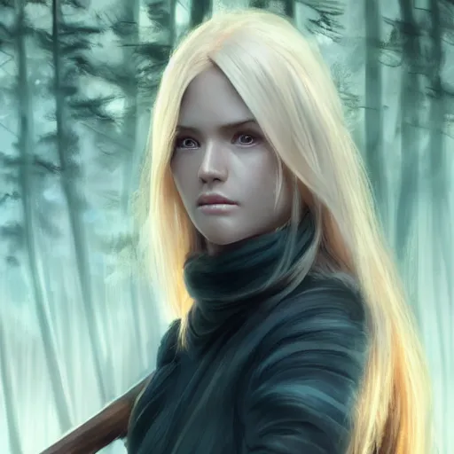 Image similar to epic portrait, An ninja female without her mask, blonde flowing long hair, pretty face, glossy lips, glowing eyes, Blurred forest backround, digital painting, artstation, concept art, soft light, hdri, smooth, sharp focus, illustration, fantasy, intricate, elegant, highly detailed, D&D, matte painting, in the style of Greg Rutkowski and Alphonse Mucha and artemisia, 8k, highly detailed, jurgens, rutkowski, bouguereau, pastoral, rustic, georgic