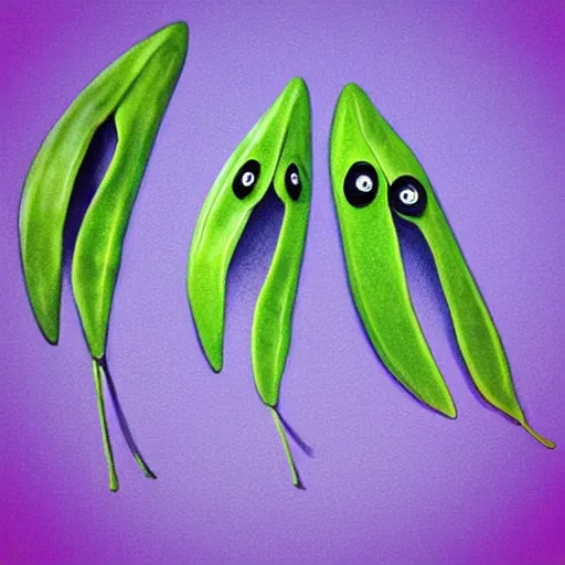 Prompt: “ cartoon group portrait of three pea pods, they are holding guns in one hand each, Pixar style, each of them has eyes, Solid colour background”