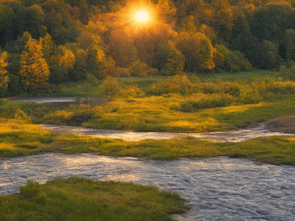 Image similar to photograph of a field by a dam and a river, new england, color, golden hour