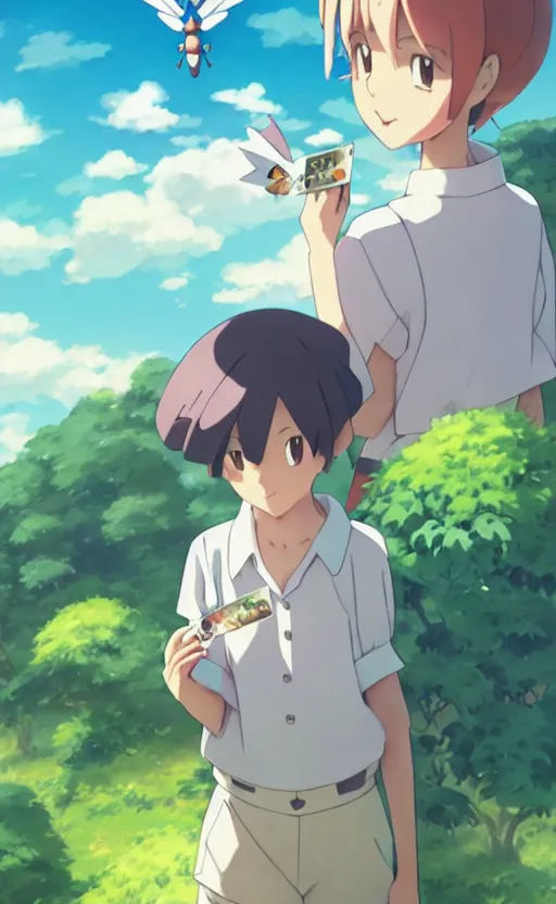 Image similar to a pokemon go card from 1 9 5 0, illustration, insect trainer girl, clear sky background, lush landscape, concept art, anime key visual, trending pixiv fanbox, by wlop and greg rutkowski and makoto shinkai and studio ghibli and kyoto animation, symmetrical facial features, short hair, hair down