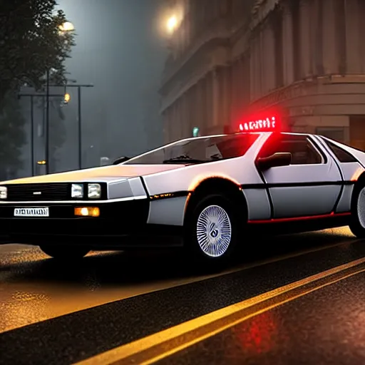 Prompt: hyperdetailed, photorealistic photograph of a dmc 1 2 delorean driving in the streets, rain, night, dense fog, hd, unreal engine 5 by greg rutowski, by stanley artgerm, by alphonse mucha