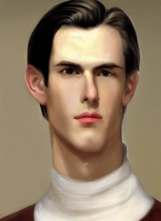 Prompt: a very skinny young white male close-up portrait of young white male, with long dark brown slicked back hair shoulder length slicked back hair, with pearl necklace and pearl earing, in the museum, in white turtleneck shirt, Tarzan, painting in the museum, highly detailed, sharp focus, digital painting