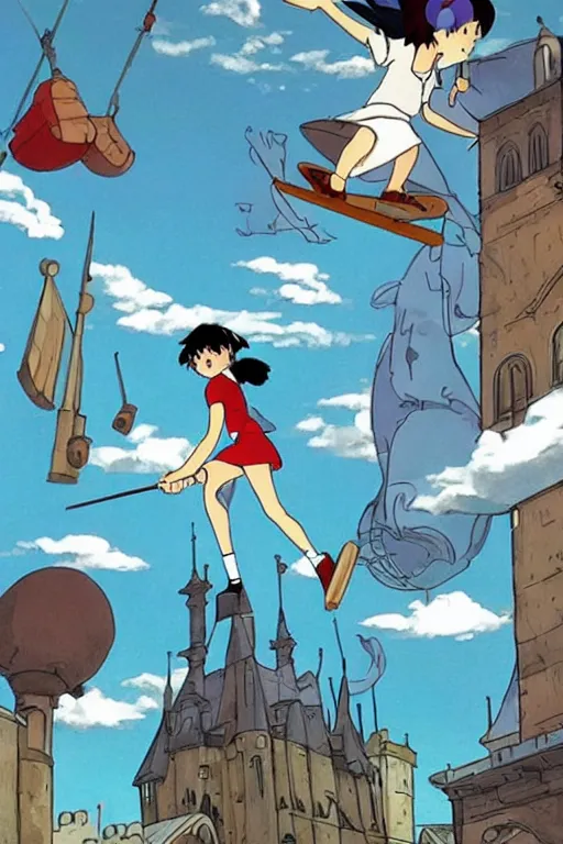 Image similar to Kiki's Delivery Service,A girl on a broomstick flying over the city sky,Medieval Cities ,geometric shapes, hard edges,by studio ghibli