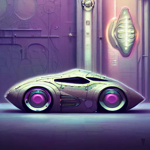 Image similar to cyborg cyber vintage supercar slick, pastel tones : by michal karcz, daniel merriam, victo ngai and guillermo del toro : ornate, dynamic, particulate, intricate, elegant, highly detailed, centered, artstation, smooth, sharp focus, octane render