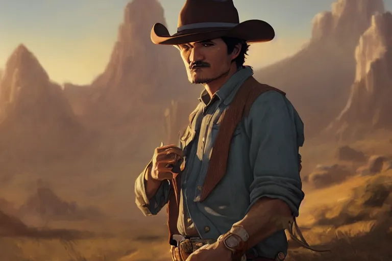 Image similar to old pedro pascal as a cowboy, single subject, scenic full shot, ambient lighting, detailed face, by makoto shinkai, stanley artgerm lau, wlop, rossdraws