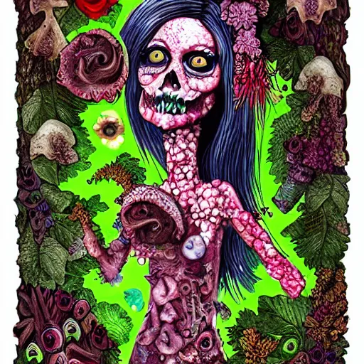 Prompt: cartoonish portrait of a punk rock zombie turning into flowers fruit and mushrooms, botanical background, covered in crystals and glitter, atmospheric lighting, sculptural, highly intricate detail