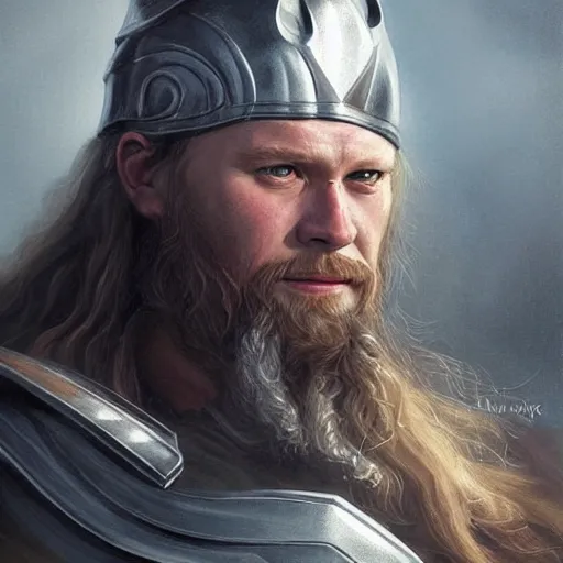 Prompt: viking looking thor, d & d, fantasy, portrait, highly detailed, full body, digital painting, trending on artstation, concept art, sharp focus, illustration, art by artgerm and greg rutkowski and magali villeneuve