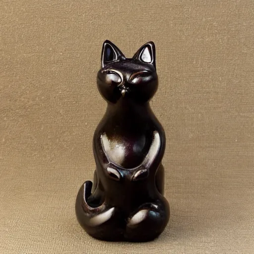 Prompt: elegant seductive anthropomorphic cat figurine wearing a kimono, cast brown resin, toggles, very highly detailed, intricate, monotone, shy looking down