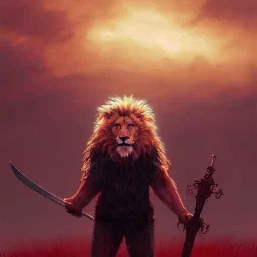 Image similar to commission of a male anthropomorphic albino lion holding a sword under a red sky,digital art,art by greg rutkowski,trevor henderson,ross tran,photorealistic,hyperdetailes,highly realistic,natural lighting,deviantart,artstation,dramatic,cinematic,4k,western comic style