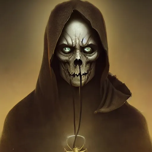 Image similar to menacing grim reaper portrait, showing a sand clock running out of time, mysterious atmospheric lighting, painted, intricate, volumetric lighting, beautiful, rich deep colours masterpiece, golden hour, sharp focus, ultra detailed, by leesha hannigan, ross tran, thierry doizon, kai carpenter, ignacio fernandez rios