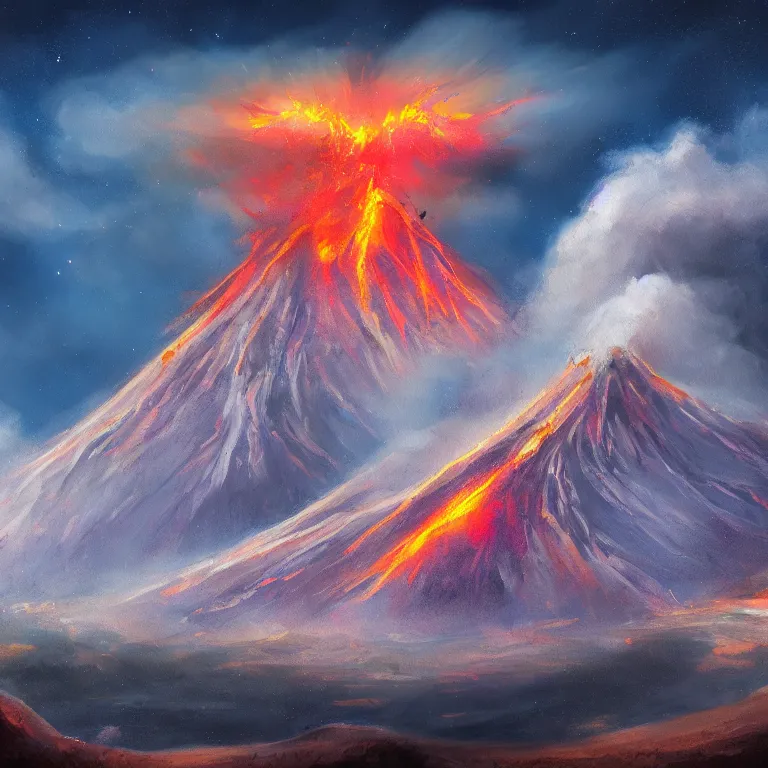 Image similar to a painting of a volcano from which come out flowers and stars exotic plants, all this happens in some kind of fantasy world, almost like in the sky or all in the amazing outdoors view, long exposure, 8 k resolution, trending on artstation