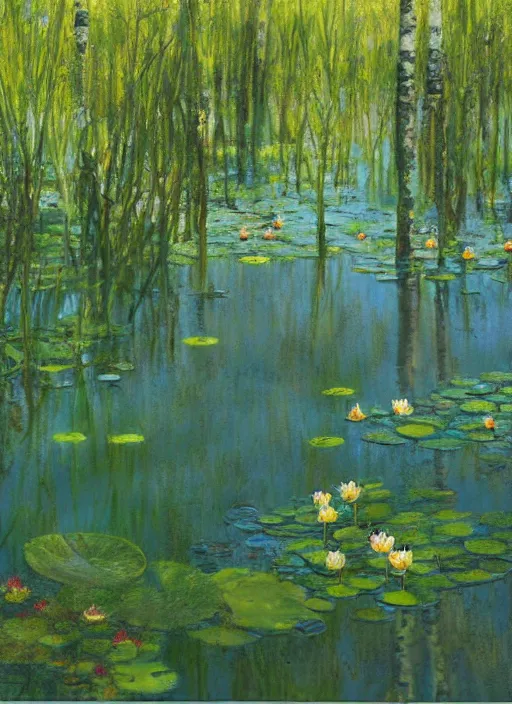 Image similar to painting of a beautiful nymph wading knee height in a shallow pond, obscured by water lilies, aspen grove in the background, by Jeremy Mann, stylized, detailed, loose brush strokes, pastel colors, green and yellow tones