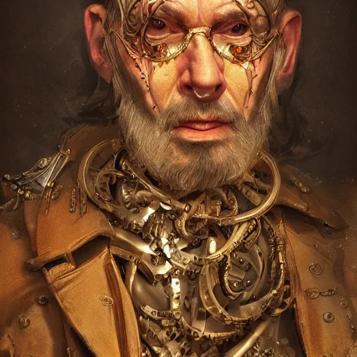 Prompt: portrait, headshot, digital painting, of a old 17th century, old cyborg merchant, amber jewels, baroque, ornate clothing, scifi, realistic, hyperdetailed, chiaroscuro, concept art, art by Franz Hals and Jon Foster