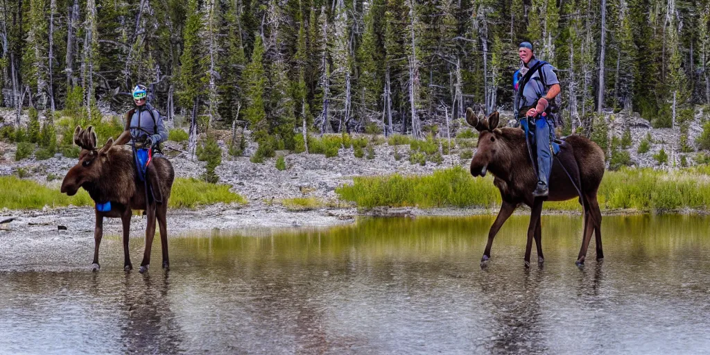 Image similar to hiker riding moose in yellowstone with prismatic spring in background