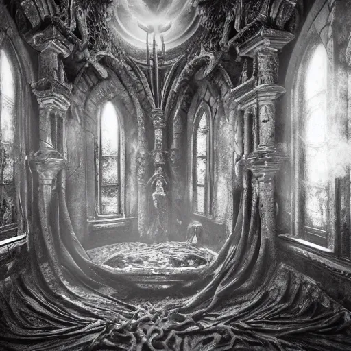 Prompt: gothic georgian temple manor, baroque in the style of h. r. giger and zdzisław beksinski, demons, decaying, fog mist, 8 k, artstation, unreal engine, octane render, hdr, sci - fi, surrealistic digital art, dystopian, hyperrealism, glow, concept art, grand scale, photorealistic rendered in octane