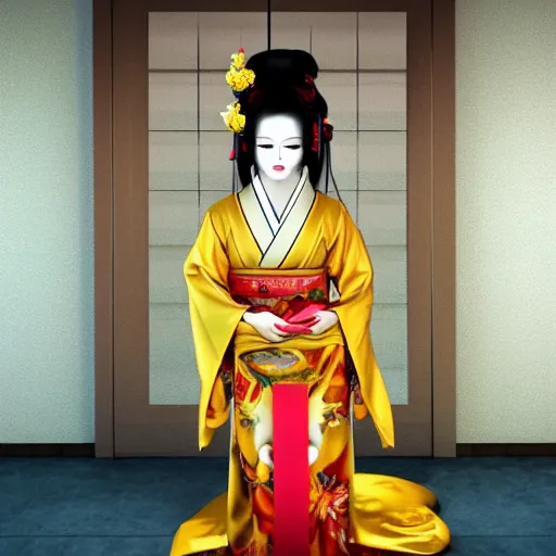 Image similar to realistic full body photo of demon geisha, gorgeous, scary, symmetrical, golden ration, high detail