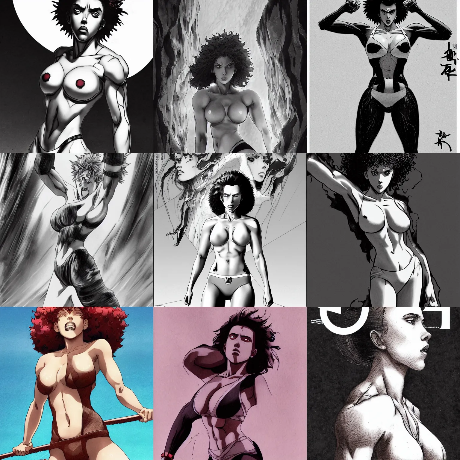 Prompt: scarlett johansson as baki with perfect symmetrical anatomical proportions, afro samurai animes style, by greg rutkowski, pencil and ink, 3 d effect, dramatic lighting, wide angle lens, full body within frame, wearing leather swim suite, beautiful beach in the background sharp, smooth, intricate detail, hyper detail, magazine cover, vogue