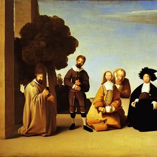 Prompt: a painting of a group of people and a dog, a flemish baroque by francisco de zurbaran, flickr, baroque, dutch golden age, flemish baroque, rococo