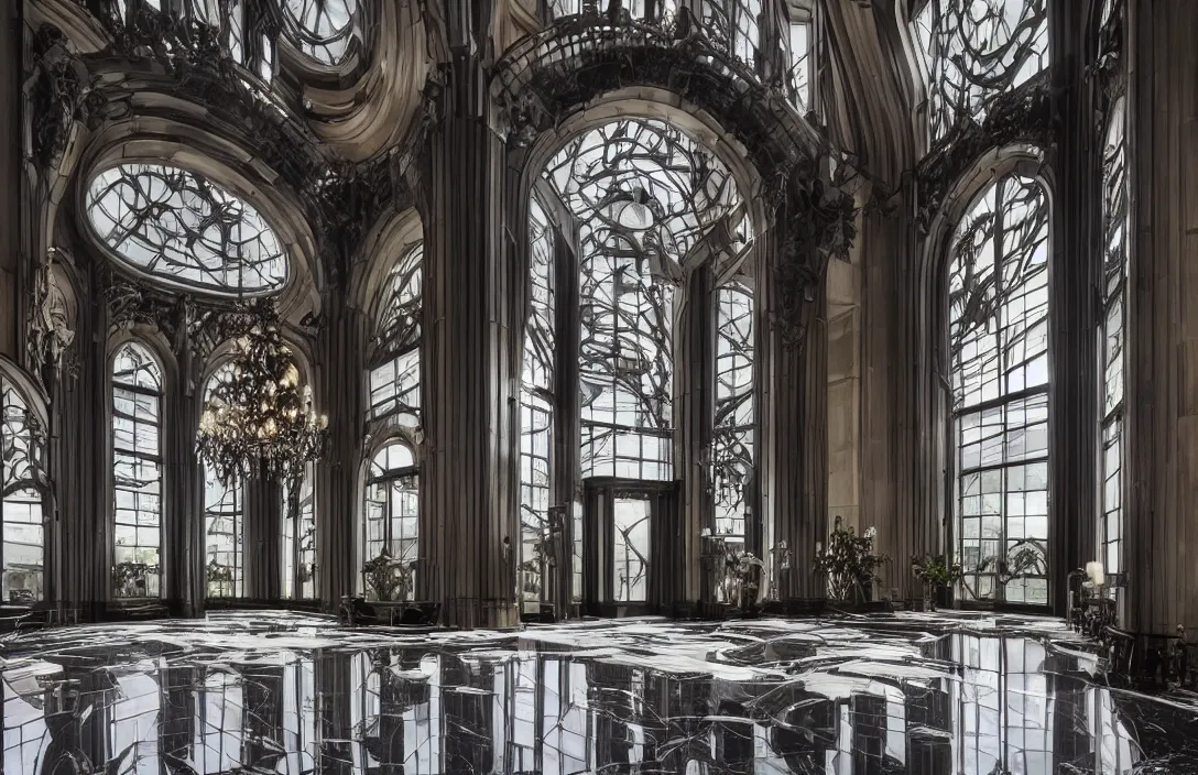 Prompt: photo of cold steel sci fi art-deco imperial palace interior, black marble floors and soft ceruleum chandelier, floor to ceiling arched gothic windows, dramatic lighting