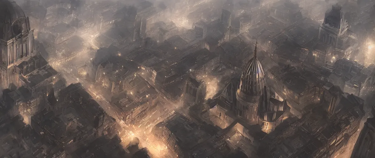 Image similar to futuristic nazi german city, Berlin cathedral, concept art, digital painting, style of jordan grimmer, futuristic, volumetric lighting, view from above, symmetrical