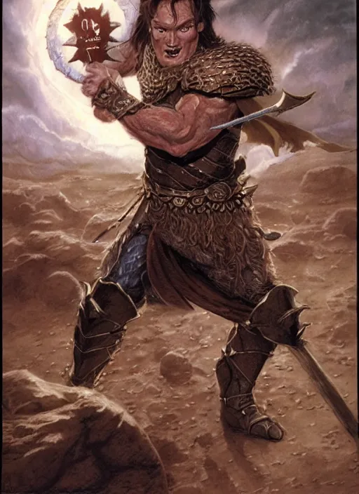 Image similar to illustration of conan o'brien as a dnd paladin with short blonde hair and big muscles, casting a protection spell, by john howe, james gurney