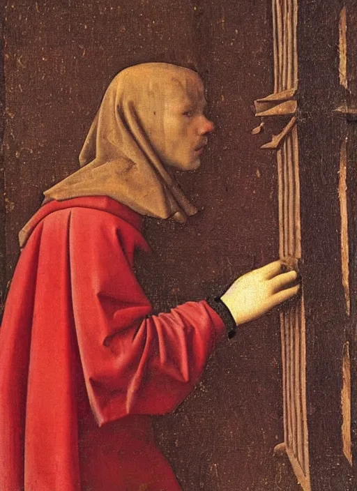 Image similar to Profile of Fallen Angel dressed in red, Medieval painting by Jan van Eyck, Johannes Vermeer, Florence