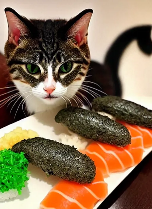 Image similar to clear photorealistic picture of adorable cats made out of sushi