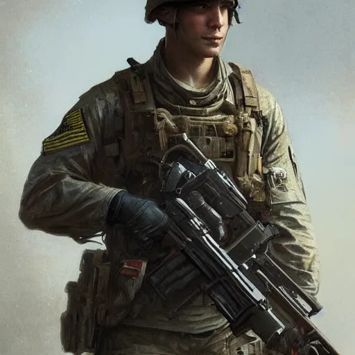 Prompt: A pale young american soldier as an Call of Duty loading screen, very detailed face, gorgeous, beautiful, intricate, highly detailed, digital painting, artstation, concept art, sharp focus, illustration, art by greg rutkowski and alphonse mucha