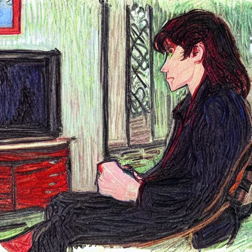 Image similar to a vampire quitting drinking blood and starts watching tv by monet