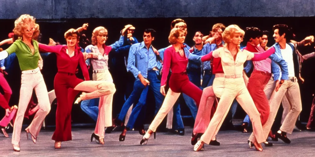 Prompt: Still of Grease (1976) featuring a tap dance by Fred Astaire and Ginger Rogers, cinematic, technicolor