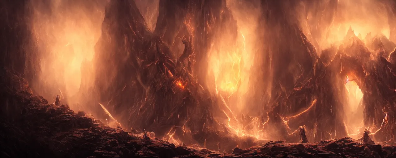 Image similar to god fighting the devil, dark, fiery, mines of moria, lord of the rings aesthetic, in style of alan lee, cinematic, cinematic lighting, octane render, motion blur, highly detailed