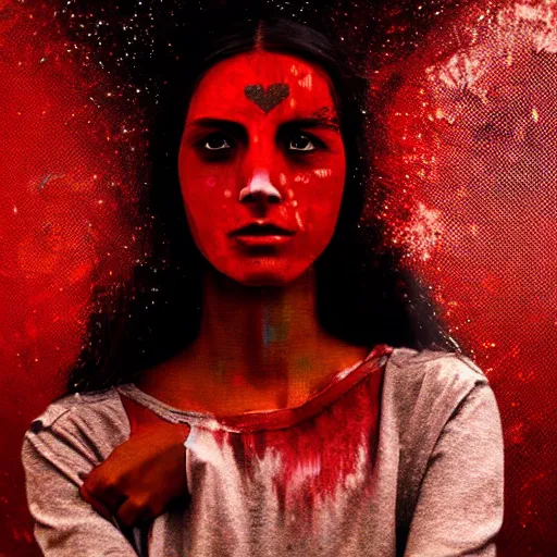 Prompt: masterpiece dynamic portrait of an aesthetic beautiful realistic black haired woman protesting, 3 0 years old woman, mid long hair, black eyed, red peace and love symbol on the cheek, digital painting by zack snyder, atmospheric red effects, sparkles, artstation, deviantart, large view, motion blur, black background