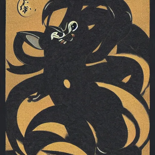 Image similar to Umbreon from pokemon in Japanese artstyle, nihonga, old Japanese art
