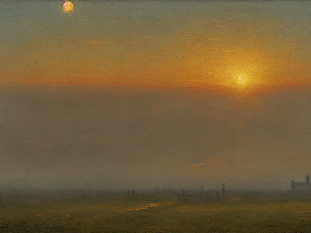 Prompt: single airplane on runway at sunrise, mist. painting by caspar david friedrich.