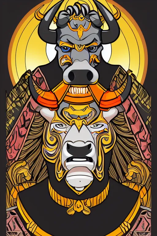 Image similar to A portrait of a bull as evil warlord general, sticker, Anthropomorphized, portrait, highly detailed, colorful, illustration, smooth and clean vector curves, no jagged lines, vector art, smooth