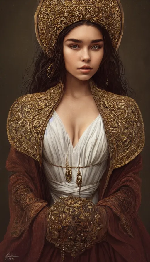 Prompt: madison beer, traditional russian clothing, fame of thrones, fibonacci, sweat drops, intricate fashion clothing, insane, intricate, highly detailed, surrealistic, digital painting, artstation, concept art, smooth, sharp focus, illustration, unreal engine 5, 8 k, art by artgerm and greg rutkowski and alphonse mucha