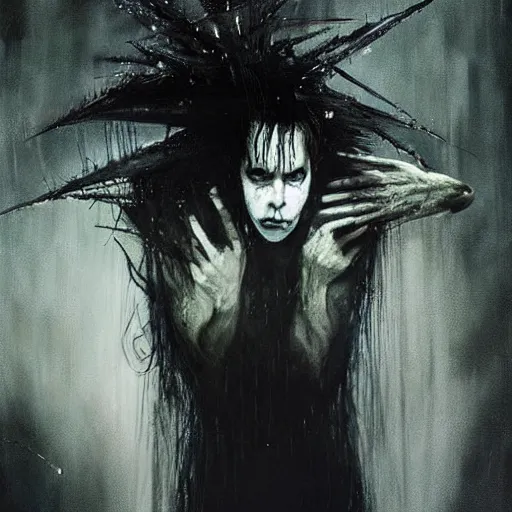 Image similar to gaunt ( the cure fan ) as dream from sandman, dim stars as eyes, by jeremy mann, by cedric peyravernay, by by russ mills, by richard avedon and ben templesmith, dramatic lightning, sadness, dark eye sockets, in the shadows, punk rock, gothic, high detailed, 8 k