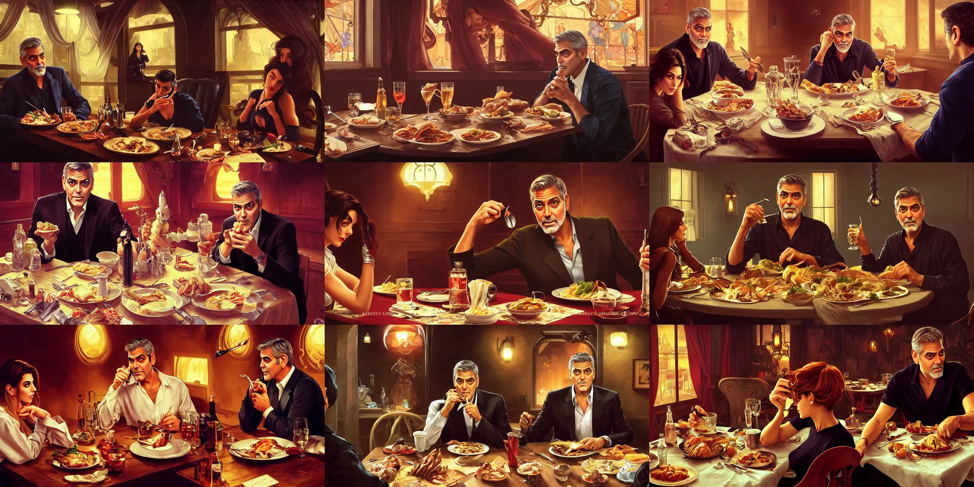 Prompt: george clooney eating dinner at the titty twister, character sheet, character design, contrast, deep focus, turnaround, highly detailed, dramatic lighting, digital painting, artstation, concept art, matte, sharp focus, illustration, elegant, art by artgerm and greg f and alphonse mucha.