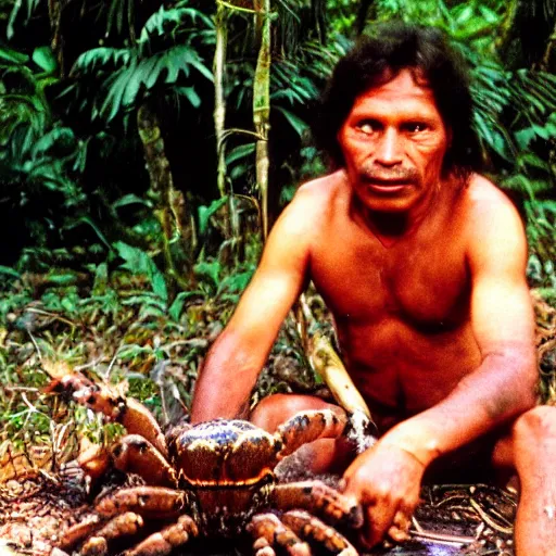 Image similar to Portrait of an Amazon indigenous tribe leader preparing a tarantula over a campfire in the middle of an ominous jungle, 1980s photography