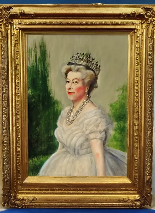 Prompt: vintage beautiful painting of queen elizabeth the first in a green skirt holding a pear in Mary Cassatt style