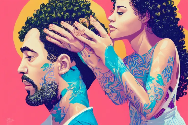 Image similar to a hispanic light - skinned girl with medium length curly hair, and a short - bearded mixed race man with short curly hair, in love, tristan eaton, victo ngai, artgerm, rhads, ross draws