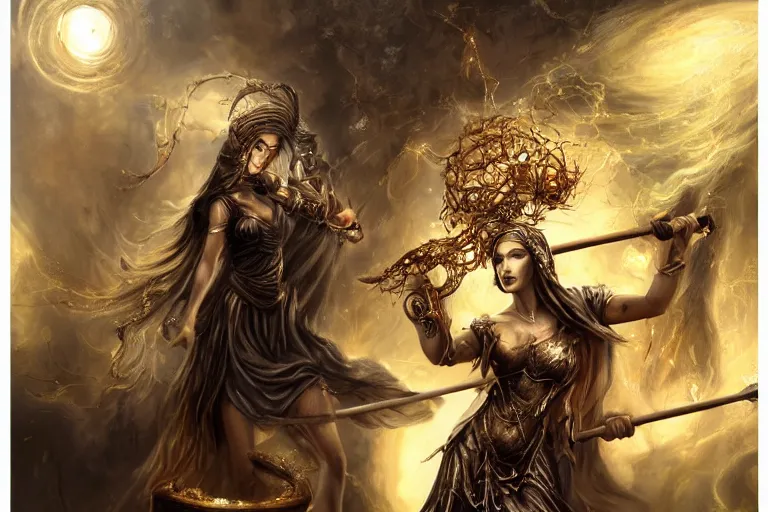 Prompt: furious beautiful Goddess of life with a veil, dark Goddess of artificial intelligence creating an artificial neural network with gold synapses on an anvil with her hammer, high resolution, award winning art, trending on art station, sharp image, incredibly detailed, detailed character, realistic painting, hyper-realistic painting, coherent painting, ethereal halls of valhalla in the background, master piece by tzao chengdu matsumoto