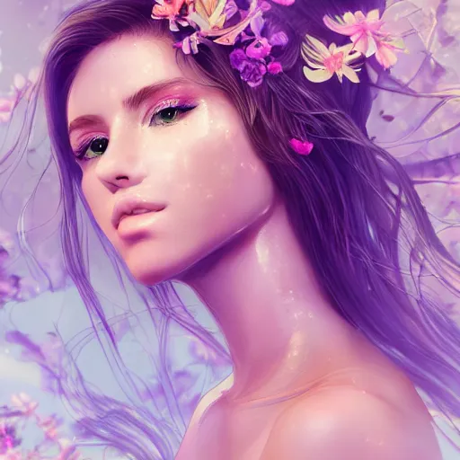 Prompt: high detail portrait of a beautiful woman with her hair down and surrounded by soft florals, vaporwave lighting, dewy skin, concept art, beautiful