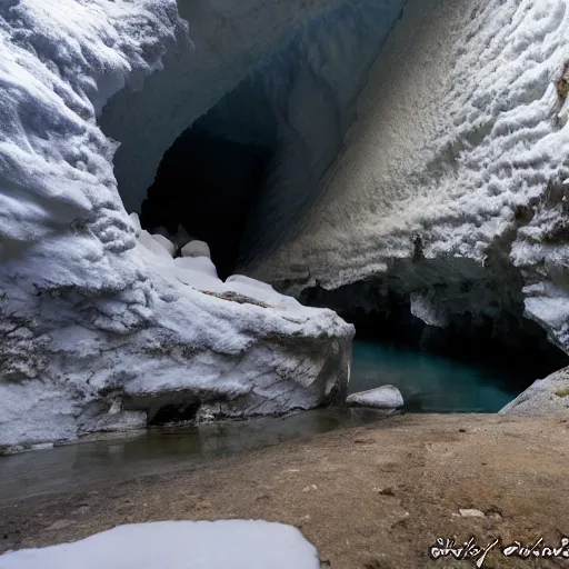 Image similar to narrow ice cave with low ceiling and narrow rough river running through it, surreal,